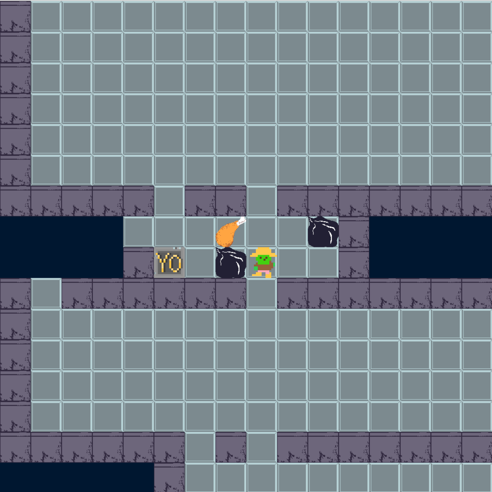 The word YO, a chicken leg, a character in hat, and garbage bags in a room.